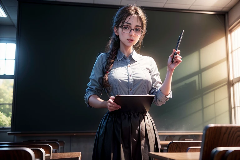 1. The teacher stands on the podium and gives a lecture to the students，Clear facial features，‎Classroom，blackboards，Happy Teachers Day，fresh flowers，cinmatic lighting，Masterpiece,，depth of fields， lens flare glow，8K， RAW photos， sportrait， best qualtiy， U...