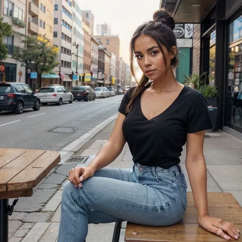 Instagram influencer, Latina female, 27 years old, athletic body, large breasts, tan skin, long brown hair up in a bun, ((hazel eye color)). Wearing blue denim jeans with white tennis shoes and a ((black v-neck t-shirt)) and sitting at a table at an outsid...