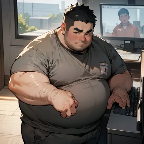 A middle-aged fat man stares at the computer，Breathing heavily, Cover your crotch, Wear light gray dirty sweats, short black hair, (obesity: 1.0), 30 years old, bookworm, Wear light gray tracksuit, Shy, Sit in front of a screen, Opposite, In a dusty privat...