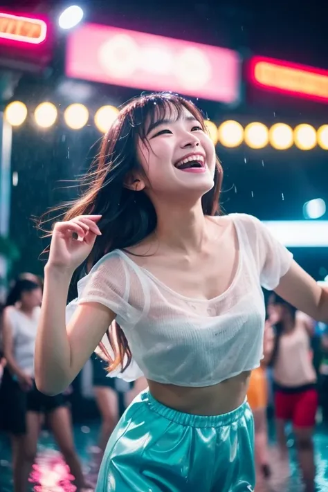 ((best quality)), ((masterpiece)), (detailed), (perfect face, beautiful), korean woman dancing in the rain at outdoor nightclub, laughing joyfully. open air club here is full of people dancing around her, amid colorful lights and bokeh effects, photo reali...