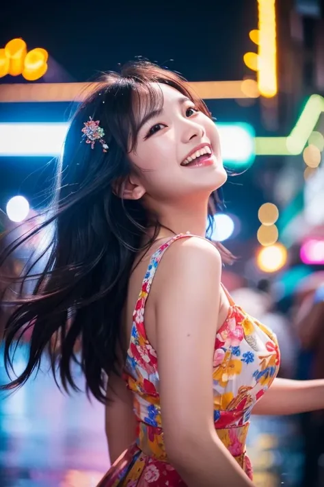 ((best quality)), ((masterpiece)), (detailed), (perfect face, beautiful), korean woman dancing in the rain at outdoor nightclub, laughing joyfully. open air club here is full of people dancing around her, amid colorful lights and bokeh effects, photo reali...