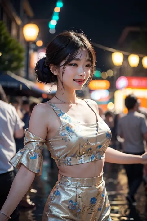 ((best quality)), ((masterpiece)), (detailed), (perfect face, beautiful), asian woman dancing in the rain at outdoor nightclub, laughing joyfully. open air club here is full of people dancing around her, amid colorful lights and bokeh effects, photo realis...