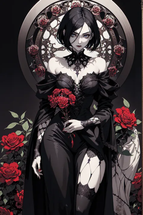 basic art nouveau，vampire woman with black hair and blue eyes，short hair，（upper body portrait），young，(((oval face)))，dark clothi...