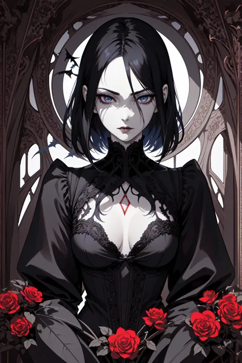 basic art nouveau，vampire woman with black hair and blue eyes，short hair，（upper body portrait），young，(((oval face)))，dark clothi...