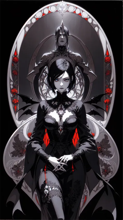 basic art nouveau，vampire woman with black hair and blue eyes，short hair，young，(((oval face)))，dark clothing，soft and melancholy...