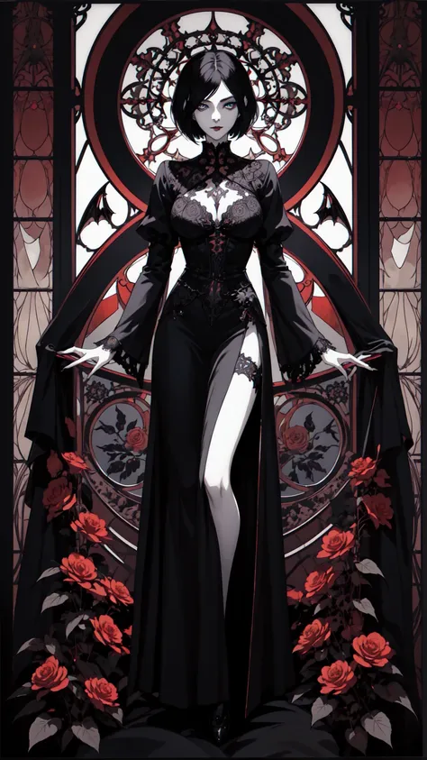 basic art nouveau，vampire woman with black hair and blue eyes，short hair，young，(((oval face)))，dark clothing，soft and melancholy...