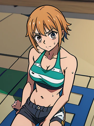 Imagine a stunning anime girl with tan skin, wearing a bikini top and cargo pants, lying on the floor in a state of starvation and discomfort. Her ribs are visible and her sweat glistens in the light, a range of styles and variations to choose from for thi...