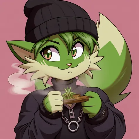 Sprigatito smokes weed with a beanie hat and gothic clothing, big 