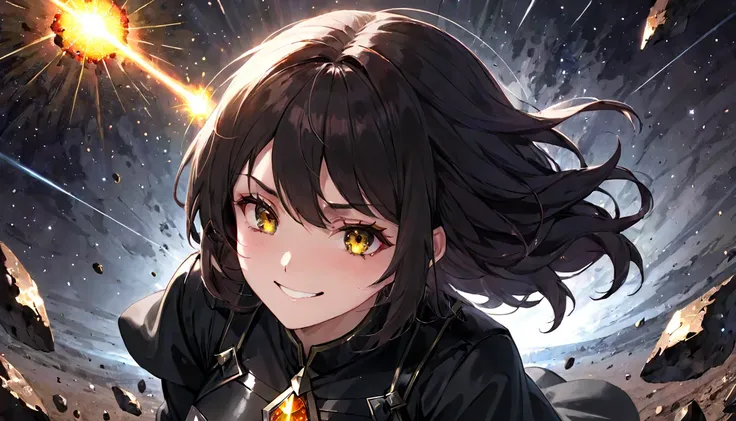 (masterpiece, best quality, very aesthetic, absurdres, general),Creepy woman, looking down, bright smile, glaring eyes, black clothes,Shining woman,woman sucked into a meteorite