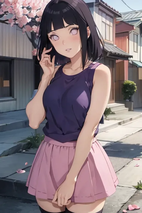 masterpiece, absurdres, hinata(boruto), 1girl, solo,mature female, tanktop, high waist short skirt, looking at viewer, (falling petals), perfect composition, detailed lips, big breast, beautiful face, body propotion, blush, (pink lips), long hair,  purple ...