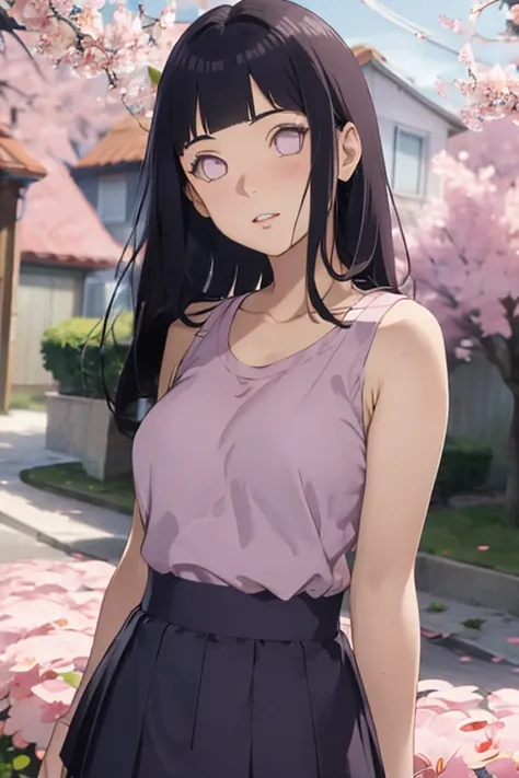 masterpiece, absurdres, hinata(boruto), 1girl, solo,mature female, tanktop, high waist short skirt, looking at viewer, (falling petals), perfect composition, detailed lips, big breast, beautiful face, body propotion, blush, (pink lips), long hair,  purple ...