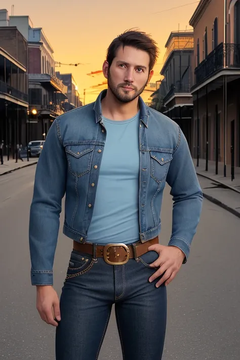 30-year-old man, light brown horse, jean jacket, blue shirt, blue jean pants, black belt, star buckle, slim muscular build, in the background of a New Orleans street at sunset. 