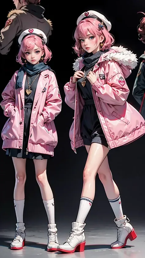 masterpiece,highest quality,(1 Mature Woman),short hair,Pale pink hair,Curly Hair,Shut, 一人in, Zoom Layer, Long Hair, in, Iris, Jacket, coat,heart, sleeines past wrists, looking at iniewer, bangs, white headwear, leg warmers, blush, necklace, (pink Jacket),...