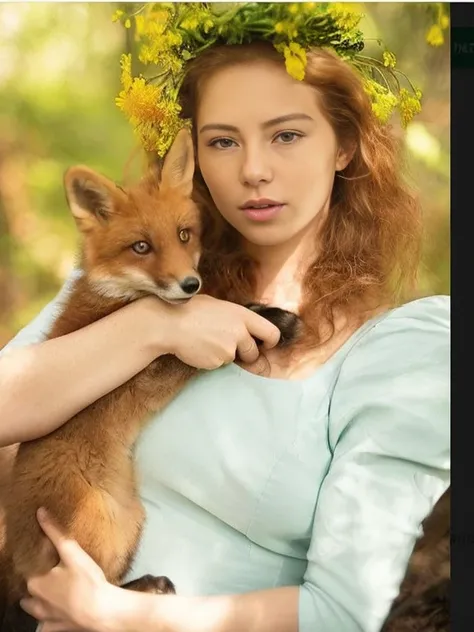 An Arav woman holds a dog in the forest, 美丽的fox女士, playing with fox, Ginger hair and fur, fox girl, 和fox一起玩, National Geographic Photography, fox耳朵的女孩, fox, 拟人化的fox, 可爱的毛茸茸的fox, High quality portrait, 幻想 fox , fox, Freckled ginger hair