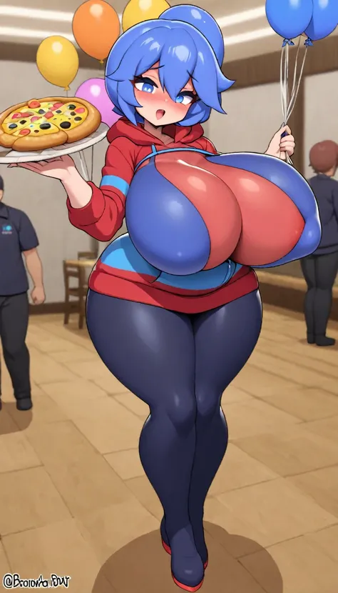 balloon boy Balloon Vendor huge breasts Breast expansion Blue eye red blue stripes hoodie hand holding balloon Pizza restaurant full-body shot