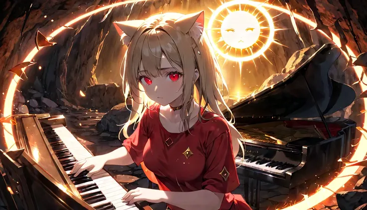 (masterpiece, best quality, very aesthetic, absurdres,general) ,
1girl, destroy the piano,Cat ear,clear eyes,artificial intelligence,Glowing magic circle,Sad expression, beautiful girl, medium breasts, red cut shirt,cave,(the sun shining in the center:1.2)