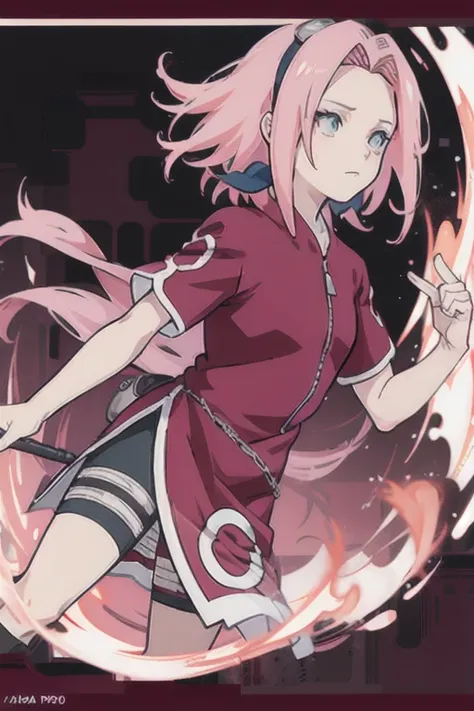 Haruno Sakura, introspective pose, looking away from view, long pink hair, black and red background, book cover, anime style, masashi kishimoto artstyle