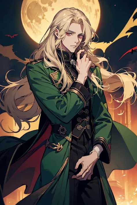 anime, full body, a man with long blonde hair and a green coat, alucard, castelvania, beautiful androgynous prince, magical blond prince, delicate androgynous prince, handsome male vampire, casimir art, anime handsome man, key anime art, l vampire, fin wil...