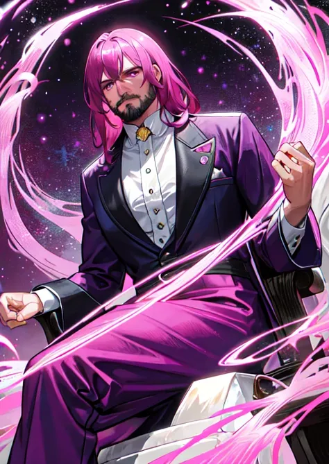 A 40-year-old man wearing elegant clothes of magenta color, with magenta eyes, with an aura of power, a cosmic aura, sitting on a white marble throne, with a serious face, with a magenta colored beard