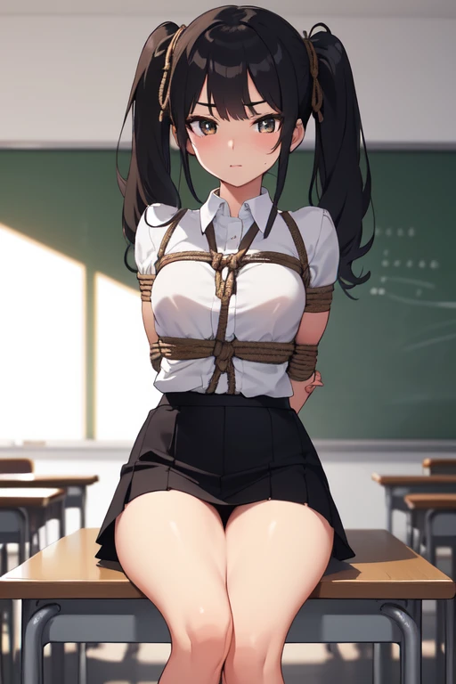 ((best quality)), ((Meisterwerk)), (detailed), perfektes Gesicht, , (((Perfekte Anatomie))), 4k resolution, 1 girl, Long twintails, (Perfektes Gesicht, Augen, Mund, Body), big thighs, pig breasts, small waist, school girl, (18), Black Hair, Black Mini skir...