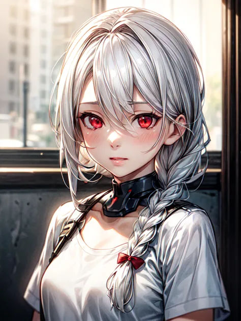 girl(downes_\(azur_lane\, red eyes, white hair, braid hair, white t-shirt), uhd, shadering vray, rtx, realistic drawing, realist...