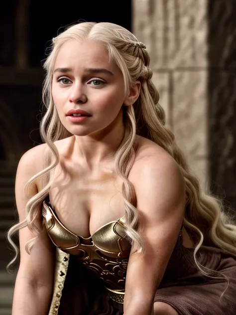 a woman in a brown dress sitting on a stone floor, daenerys, DAENERYS TARGARYEN, Emilia Clarke, Emilia Clarke as a greek goddess, de tronos, arya stark como venus, mila kunis as DAENERYS TARGARYEN, Still from the Game of Thrones movie, estilo de juego de t...