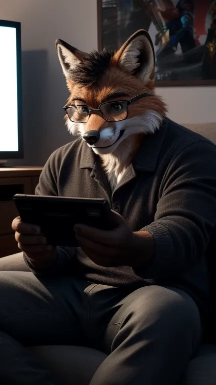 An adult man in his 30s wearing an anthropomorphic fox fur suit, con lentes puestos, alone in the background of a room sitting on a sofa, holding a wired video game controller and looking at a television, sonriendo de forma exagerada, con una playera negra...