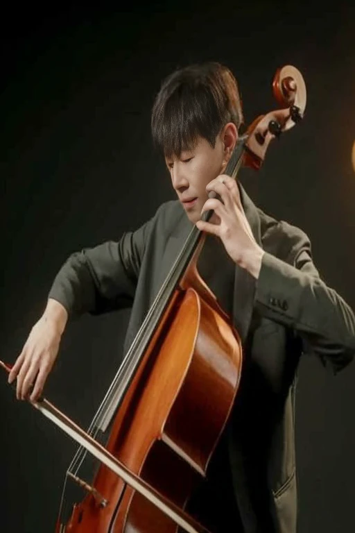 arafed man playing Cello on a dark background with a light bulb, Zheng Zhongyuan Charles Jeong, yanjun chengt, Cello, Korean Artist, Hentai, Zheng Zhongyuan, Hentai kim, Lin Zhensheng, jinyoung shin, Yoon Se-sun, Shin Jung Ho, 金Hentai, 金Hentai, double bass