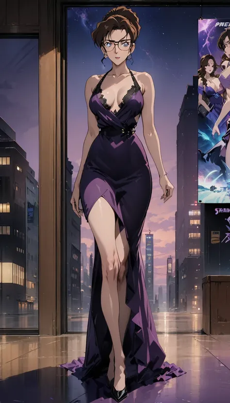 Best quality,masterpiece,brown hair,Purple evening dress,Big ,Perfect body,full-body shot,Cool poster,Wearing glasses,36 mature beauties,Single player anime style