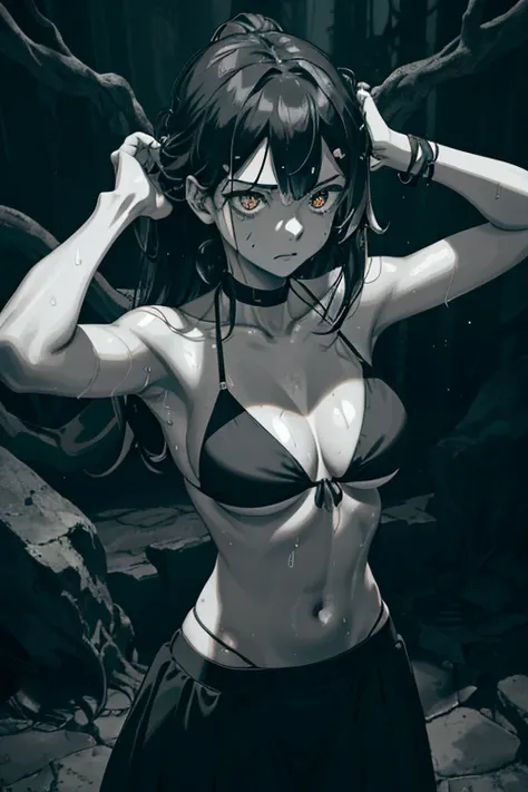 Anime girl with anime tan skin, contrasting bikini top and long skirt, sweat dripping down her body from intense struggle. Her stomach rumbles, signs of hunger etched on her gaunt face. The bikini top clings to her body, revealing her prominent clavicles, ...