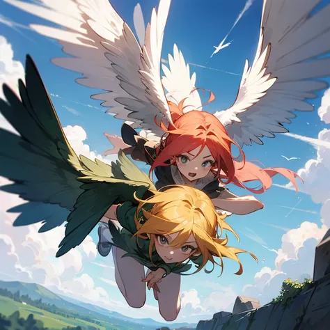 Please draw two free-flying female harpies.