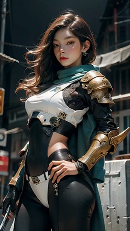 (obra de arte), (melhor qualidade), fotorrealismo, realista, ultra detalhado, rosto perfeito, corpo perfeito, 1 , garota linda, garota de armadura verde e azul, mechanical armor, exoesqueleto, ficar, pose legal, sensual, with swords in hand.