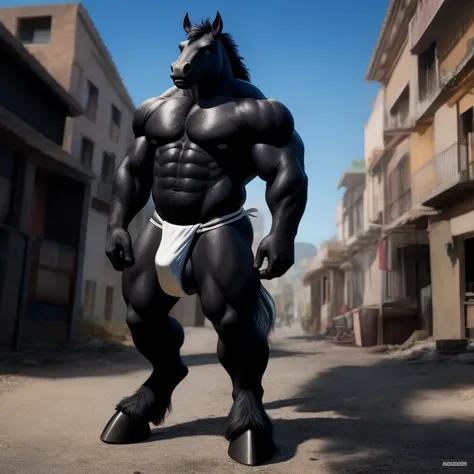 Furry, Antro, [Horse color Negro Oscuro metal] ,Tumbado de Espalda [Fundoshi Bulto Male Big], [Fundoshi BLANCO], Solo, [Bulto Male Big], Hooves , Big Balls, Detallado 4k, cuerpo completo, cuerpo furry Negro dark, fondo ciudad moderna, pupil Eyes blue, Alta...