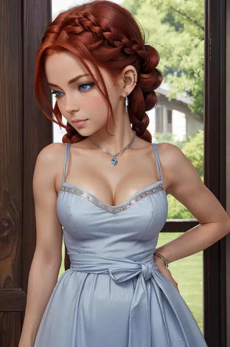 ((ultra quality)), ((tmasterpiece)), gnome girl, Short stature, ((red hair, hairlong, braided)), (silver ear rings), (silver necklace around the neck), (Beautiful cute face), (beautiful female lips), Charming, ((sexy facial expression)), is looking at the ...