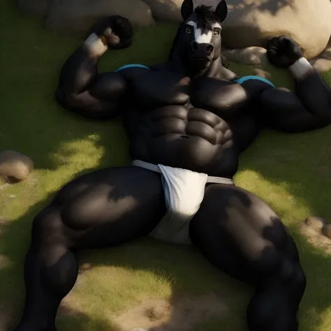 Furry, Antro, [Horse color Negro Oscuro metal] , Lying on your back, [Fundoshi Bulto Male Big], [Fundoshi BLANCO], Solo, [Bulto Male Big], Hooves , Big Ass, Detallado 4k, cuerpo completo, cuerpo furry Negro dark, fondo Pradera Verde, pupil Eyes blue, Alta ...