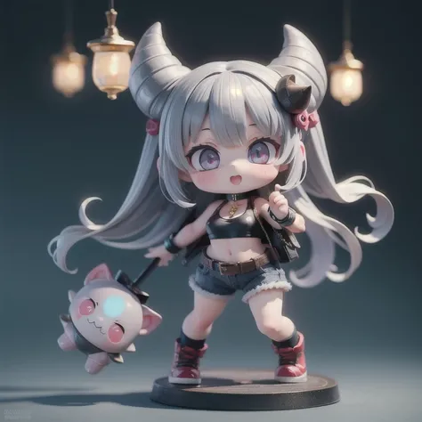 (masterpiece, best quality:1.2), 1girl,devil girl ((masterpiece, highest quality, Highest image quality, High resolution, photorealistic, Raw photo, 8K)),(nendoroid figure),devils horns, miniatures,illustration,tight tube top,black hot pants,silver hair,(p...