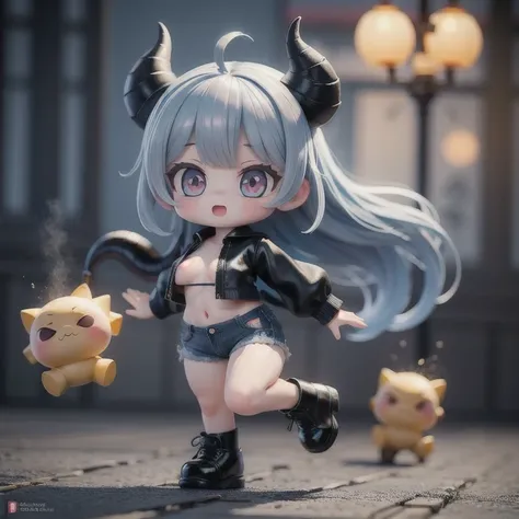 (masterpiece, best quality:1.2), 1girl,devil girl ((masterpiece, highest quality, Highest image quality, High resolution, photorealistic, Raw photo, 8K)),(nendoroid figure),devils horns, miniatures,illustration,tight tube top,black hot pants,silver hair,(p...