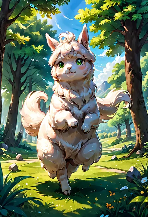 An Alpaca, aesthetic, (best quality,4k,8k,highres,masterpiece:1.2),ultra-detailed,realistic,alpaca,random actions,curious,playful,expressive,fluffy fur,cute eyes,nose twitching,ears perked up,jumping,jogging,rolling on the grass,standing on hind legs,explo...