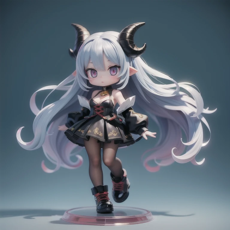 (masterpiece, best quality:1.2), 1girl,devil girl ((masterpiece, highest quality, Highest image quality, High resolution, photorealistic, Raw photo, 8K)),(nendoroid figure),devils horns, miniatures,illustration,black hot pants,silver hair,(pale blue skin),...