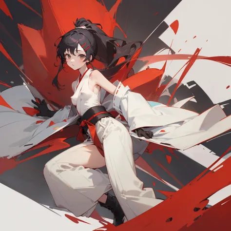 ((highest quality)), ((masterpiece)), (Become familiar with),  1 girl, alone, Black Hair,ponytail,White kimono,black sleeveless,red hair clip,Red belt, ,slender,Long Hair,Small breasts, gloves,boots, Erect nipples