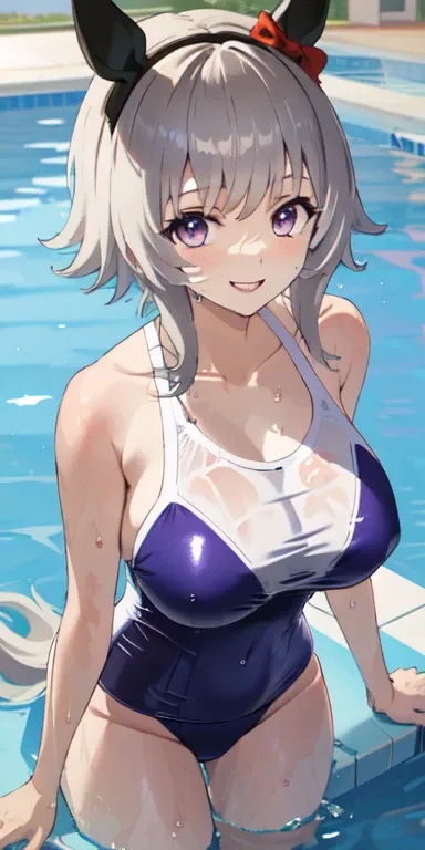 curren chan (umamusume), long hair, one piece swimsuit, large breasts, thighs, swimming pool, (soaking wet:1.2), smiling