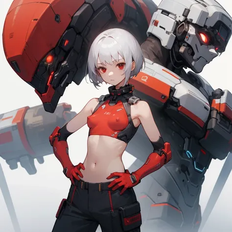 ((highest quality)), ((masterpiece)), (Become familiar with),  1 girl, alone, Silver Hair,Brown Skin,Red eyes,Long trousers,red sleeveless,Clothes with a visible back, thin,thin,short hair,Small breasts, Erect nipples, gloves, Place your hands on your hips...