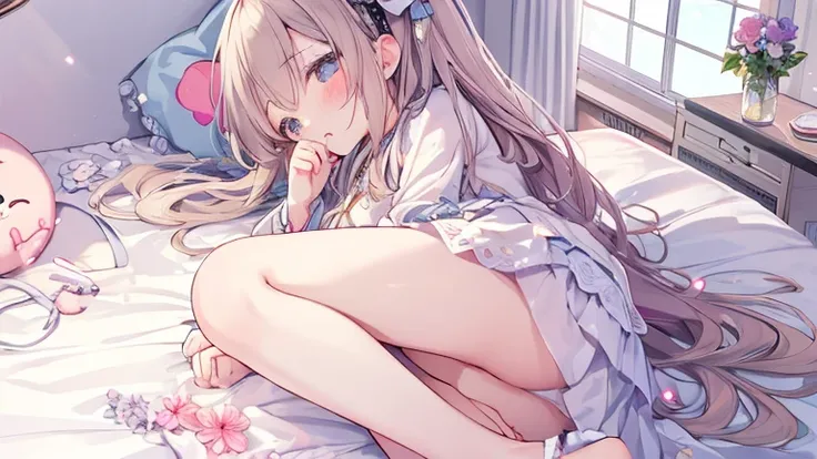 （A cute loli wearing l（Lovely lace：1.1）拥have美丽精致的眼睛和甜美的微笑，（colorful）Playfully peeking under skirts，（Comfortable and well-lit bedroom）comfortable bed。The room is full（Soft natural light），It creates a warm and inviting atmosphere。Emphasize loli&#39;butt，Add ...