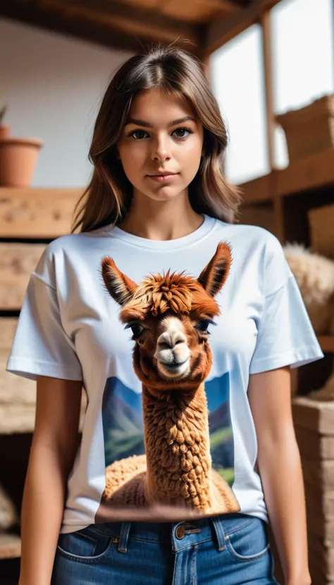 realistic photo, anamorphic alpaca, alpaca wearing t-shirt with alpaca printed pictures on it, raw photo, shallow depth of field, Immersive background