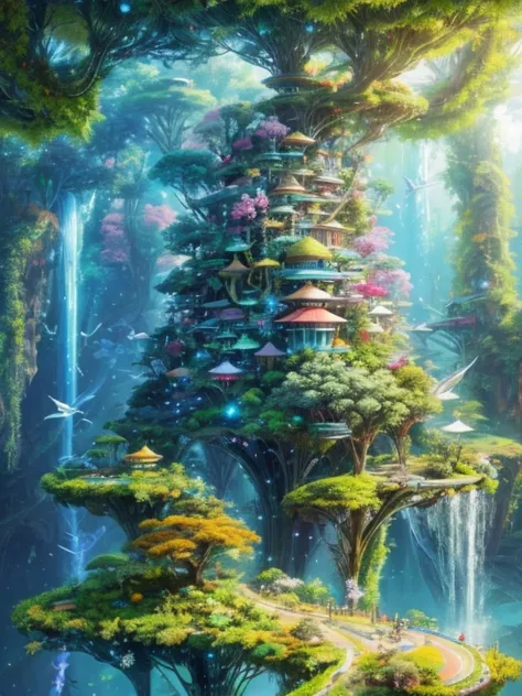 artistic and creative utopian world where humans living in harmony and peace with flora and fauna, Artificial Intelligence and the Singularity Imagination, Intricate and detailed, maximalist, Perfect flow of energy, Futuristic, utopian, Very detailed, futu...