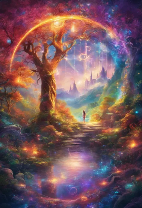 Mysterious glowing spell casting girl, Fantasy Rainbow Forest, Vibrant colors, Fantastic lighting, Detailed leaves, Magical atmosphere, enchanting landscape, Dreamy atmosphere, Sparkling Sparkle, Loose-fitting robes, Magic thread, Mysterious creatures, Mag...