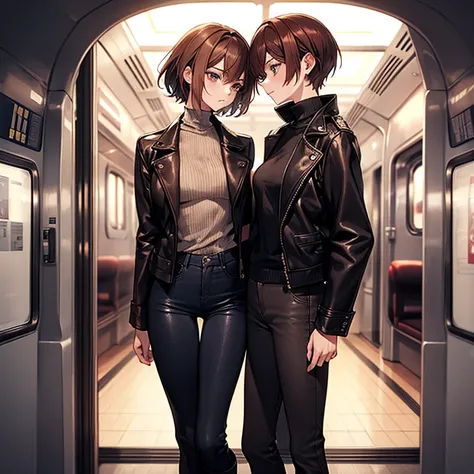 Masterpiece、Subtle details、Adult women、Sophisticated、On a city train、Slender beauty、delicate、Model-like body、Knitwear with a high neck、leather jacket、Riders jacket、Low rise skinny pants、tall、Stylish、Small breasts、Sharp Eyes、Cool Beauty、older sister、Pixie C...