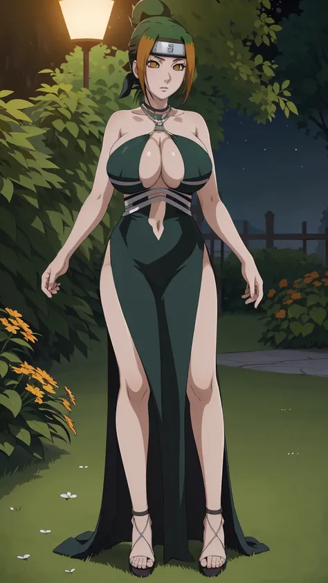 masterpiece, ultra high-quality, extremely detail 8k cg, high resolution, 1girl, pakura, green hair, orange eyes, thin body, huge breasts, bursting breasts, evening gown, halterneck, criss-cross halter, high heels, choker, beautiful face, outdoors, garden,...