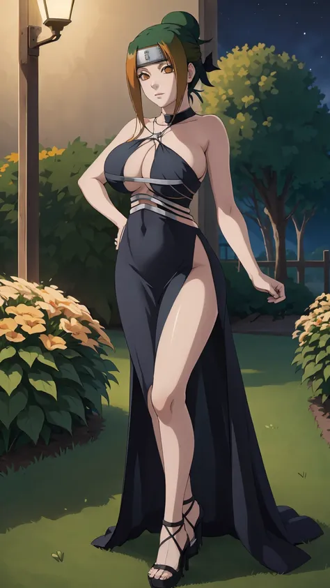 masterpiece, ultra high-quality, extremely detail 8k cg, high resolution, 1girl, pakura, green hair, orange eyes, thin body, huge breasts, bursting breasts, evening gown, halterneck, criss-cross halter, high heels, choker, beautiful face, outdoors, garden,...