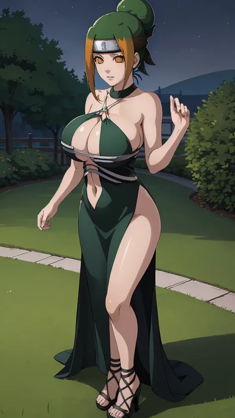 masterpiece, ultra high-quality, extremely detail 8k cg, high resolution, 1girl, pakura, green hair, orange eyes, thin body, huge breasts, bursting breasts, evening gown, halterneck, criss-cross halter, high heels, choker, beautiful face, outdoors, garden,...